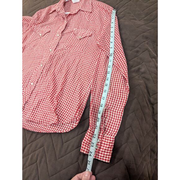 VINTAGE red gingham pearl snap button western style cotton long sleeve shirt, 16 - Picture 9 of 10